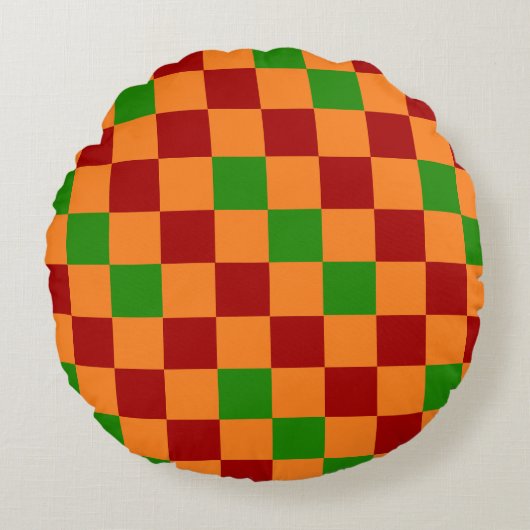 Red Orange Green Checkered Pattern Design  ラウンドクッション (正面)