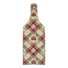 RED ORANGE GREEN PLAID WITH FALL AUTUMN LEAVES カッティングボード