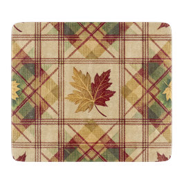 RED ORANGE GREEN PLAID WITH FALL AUTUMN LEAVES カッティングボード