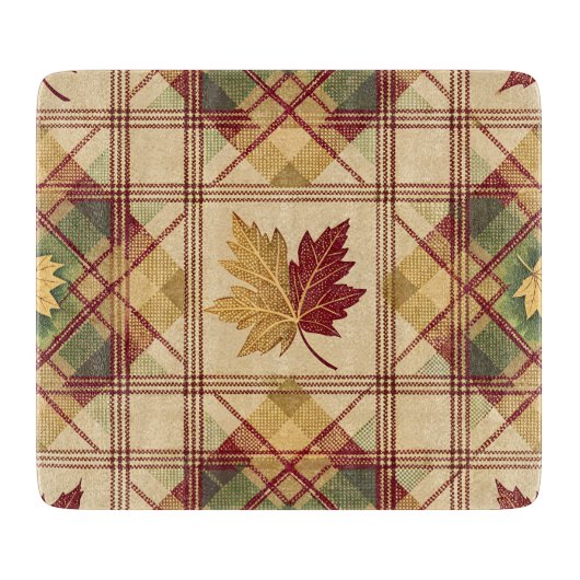 RED ORANGE GREEN PLAID WITH FALL AUTUMN LEAVES カッティングボード (正面)