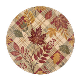 RED ORANGE GREEN PLAID WITH FALL AUTUMN LEAVES カッティングボード