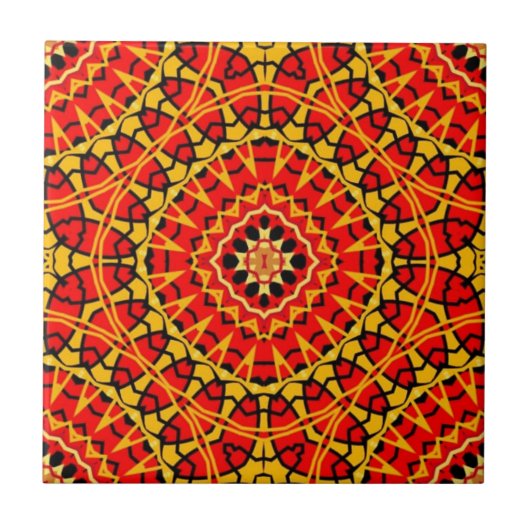 Red & Orange Oriental Boho Geometric Pattern タイル (正面)