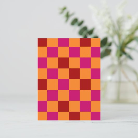 Red Orange Pink Checkered Pattern Design  ポストカード (スタンド正面)