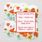 Red Orange Poppies Floral Girl Birthday Invitation 招待状 (正面/裏面)