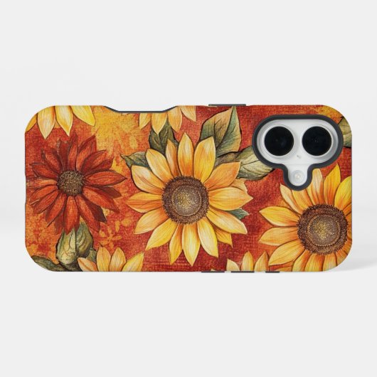 RED ORANGE YELLOW FALL SUNFLOWER FLOWERS iPhone 16ケース (裏面横)