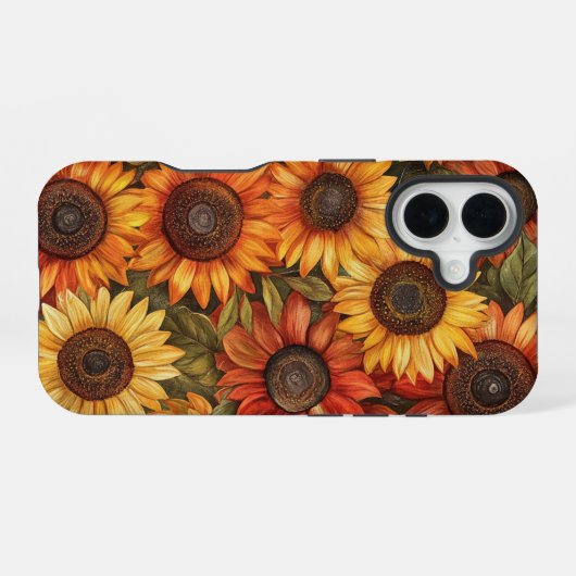 RED ORANGE YELLOW FALL SUNFLOWER FLOWERS iPhone 16ケース (裏面横)