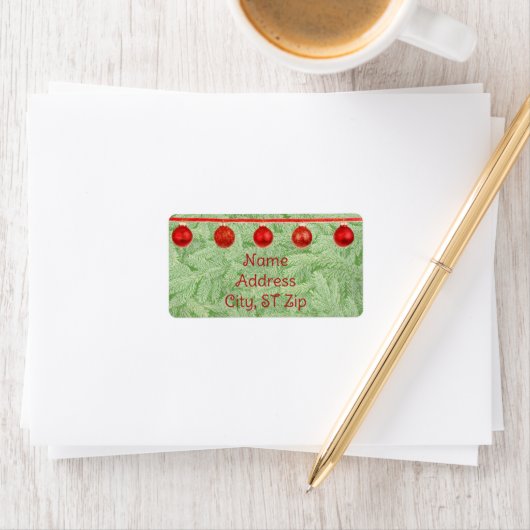 Red Ornaments Green Tree Personal Address Label ラベル (インサイチュ)