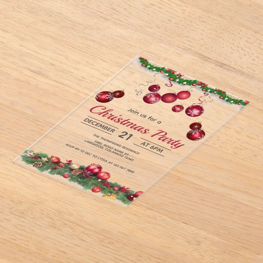 Red Ornaments Unique Christmas アクリル招待状 (レイダウン)