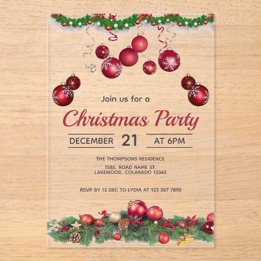Red Ornaments Unique Christmas アクリル招待状 (正面)