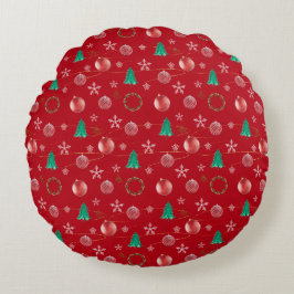 Red Ornaments & Watercolor Pines Christmas ラウンドクッション