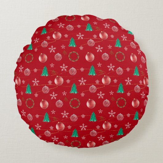 Red Ornaments & Watercolor Pines Christmas  ラウンドクッション (正面)