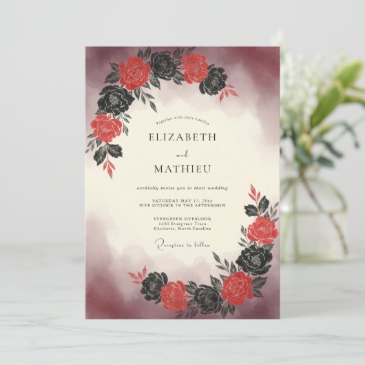 Red Painterly Bouquet Wedding 招待状 (スタンド正面)