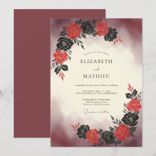 Red Painterly Bouquet Wedding 招待状 (正面/裏面)