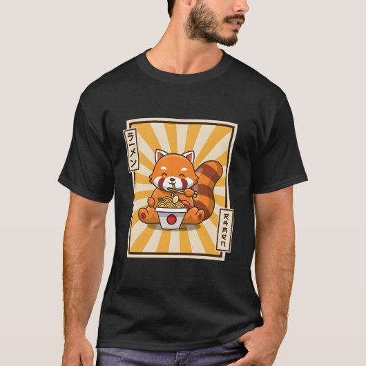 Red Panda Eating Ra Kawaii Japanese Noodles Ra Tシャツ (正面)