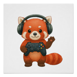 Red Panda Gamer、ゲームコントローラ、ヘッドフォン ポスター