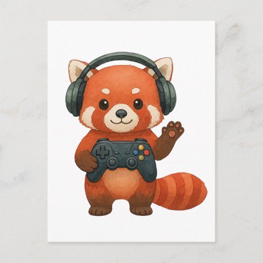 Red Panda Gamer、ゲームコントローラ、ヘッドフォン ポストカード (正面)