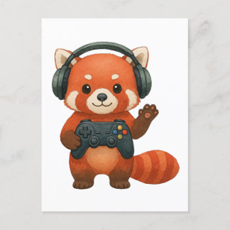 Red Panda Gamer、ゲームコントローラ、ヘッドフォン 案内ポストカード