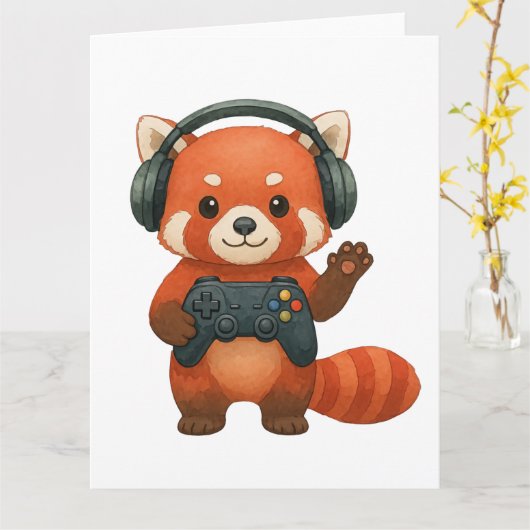 Red Panda Gamer, Gaming Controller & Headphones カード (黄色い花)