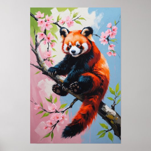 Red Panda on Blossom Tree Cute Wildlife Art ポスター (正面)