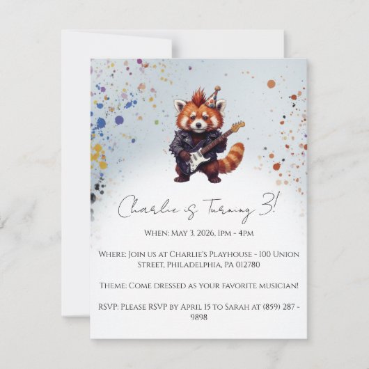 Red Panda Rocker Birthday Invitation (正面)