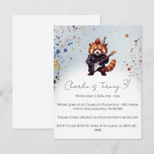 Red Panda Rocker Birthday Invitation (正面/裏面)
