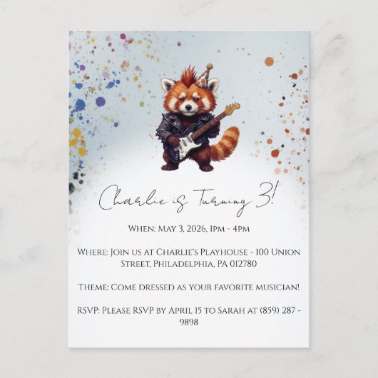 Red Panda Rocker Birthday Invitation ポストカード (正面)
