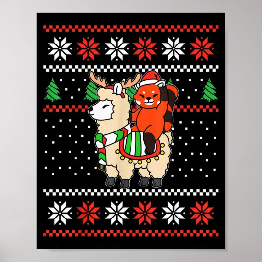 Red Panda Ugly Christmas Sweater Reindeer Llama Ri ポスター (正面)