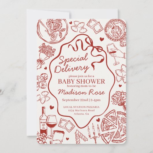 Red Pasta Special Delivery Italian Baby Shower 招待状 (正面)