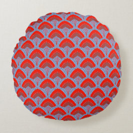 Red Peacock Feather Round Pillow | One Owl Artist ラウンドクッション