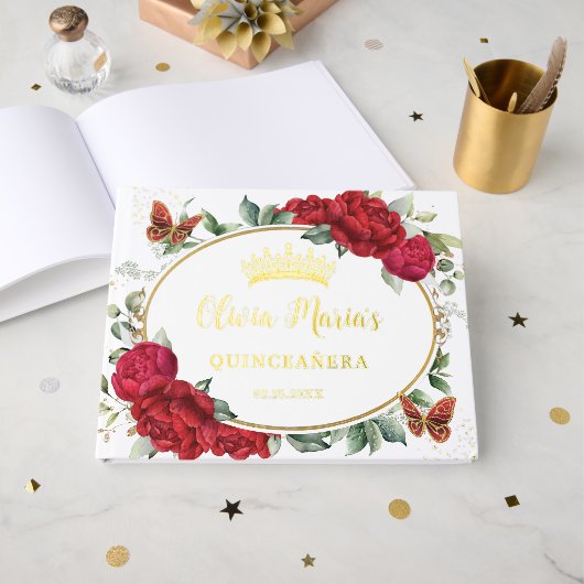 Red Peonies Floral Butterflies Quinceanera Gold ゲストブック (正面見開き)
