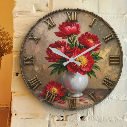 Red Peony Elegant Floral Vase Artwork ラージ壁時計