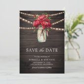 Red Peony Floral Mason Jar Barn Wood Wedding Photo セーブザデート (スタンド正面)