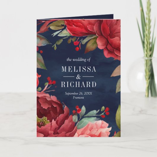 Red Peony Floral Mason Jar QR Code Navy Wedding 招待状 (正面)