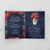 Red Peony Floral Mason Jar QR Code Navy Wedding 招待状 (内部)