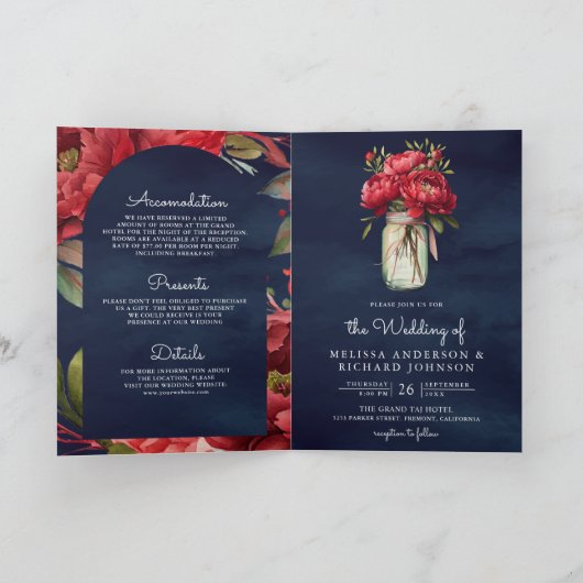 Red Peony Floral Mason Jar QR Code Navy Wedding 招待状 (内部)
