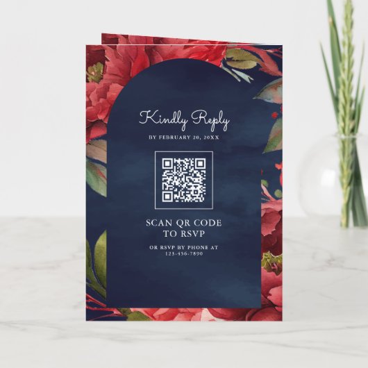 Red Peony Floral Mason Jar QR Code Navy Wedding 招待状 (裏面)
