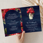 Red Peony Floral Mason Jar QR Code Navy Wedding 招待状