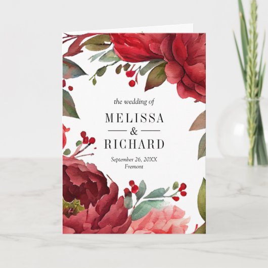 Red Peony Floral Mason Jar QR Code Wedding 招待状 (正面)