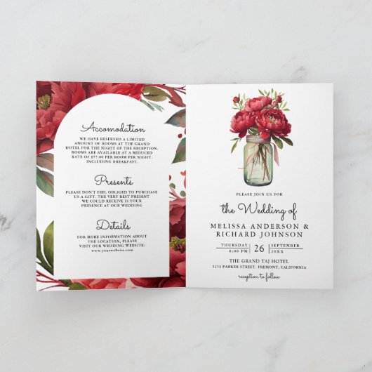 Red Peony Floral Mason Jar QR Code Wedding 招待状 (内部)
