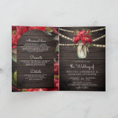 Red Peony Floral Mason Jar QR Code Wood Wedding 招待状 (内部)