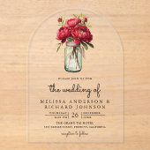 Red Peony Floral Mason Jar Wedding アクリル招待状 (正面)