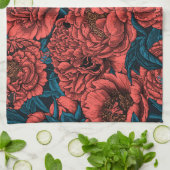 Red peony flowers and moths キッチンタオル (折り畳み)