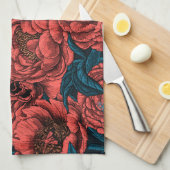 Red peony flowers and moths キッチンタオル (四つ折り)