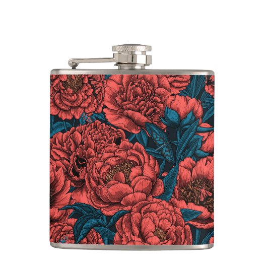 Red peony flowers and moths フラスク (正面)
