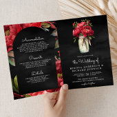Red Peony Mason Jar QR Code Charcoal Wedding 招待状