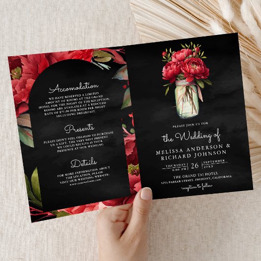 Red Peony Mason Jar QR Code Charcoal Wedding 招待状