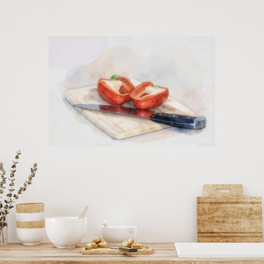 Red Pepper Knife Cafe Restaurant Kitchen Art ポスター (キッチン)