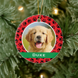Red Pet Paw Prints Personalized Dog Name Photo セラミックオーナメント