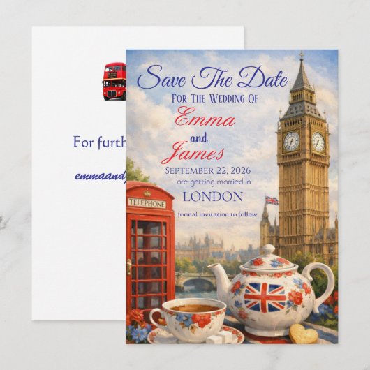 Red Phone Booth, Tea & Love Save The Date Card (正面/裏面)