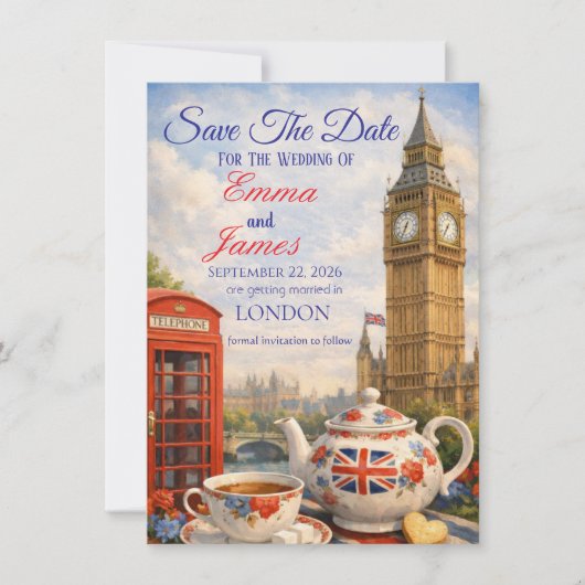 Red Phone Booth, Tea & Love Save The Date Card (正面)